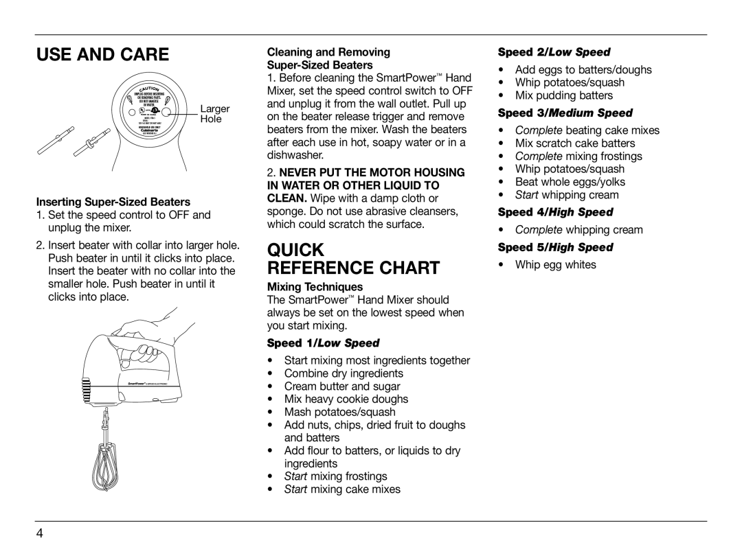 Cuisinart IB-8005, HTM-5CH manual USE and Care, Quick Reference Chart, Inserting Super-Sized Beaters, Mixing Techniques 