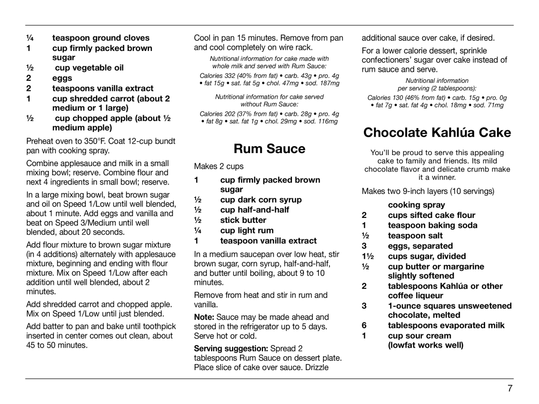 Cuisinart HTM-5CH, IB-8005 manual Rum Sauce, Chocolate Kahlúa Cake, Makes 2 cups, Makes two 9-inch layers 10 servings 