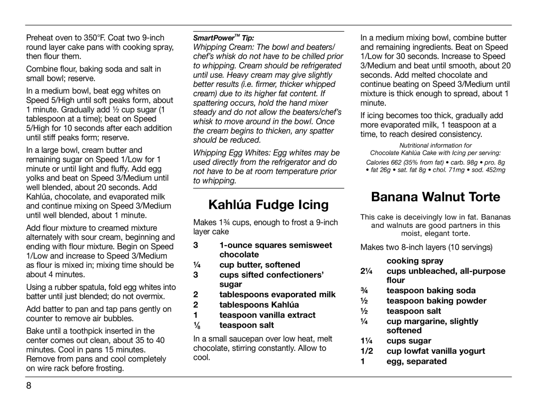 Cuisinart IB-8005, HTM-5CH Kahlúa Fudge Icing, Banana Walnut Torte, Makes 1¾ cups, enough to frost a 9-inch layer cake 