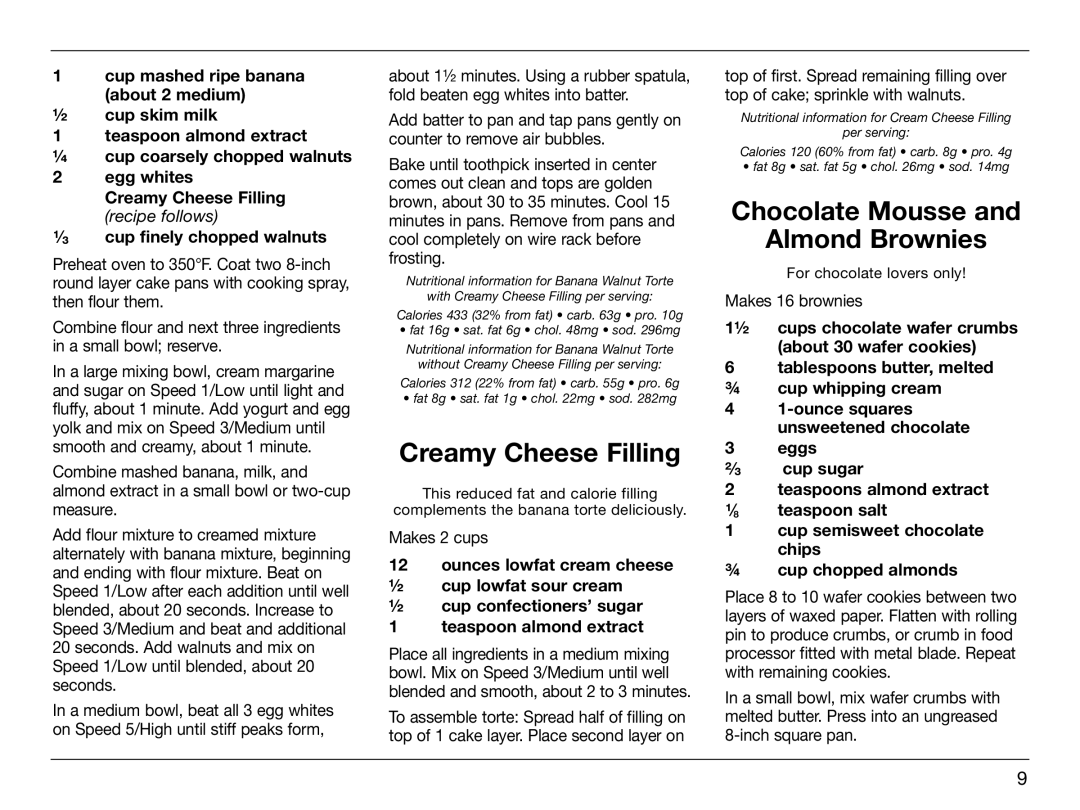 Cuisinart HTM-5CH, IB-8005 manual Creamy Cheese Filling, Chocolate Mousse Almond Brownies, Makes 16 brownies 