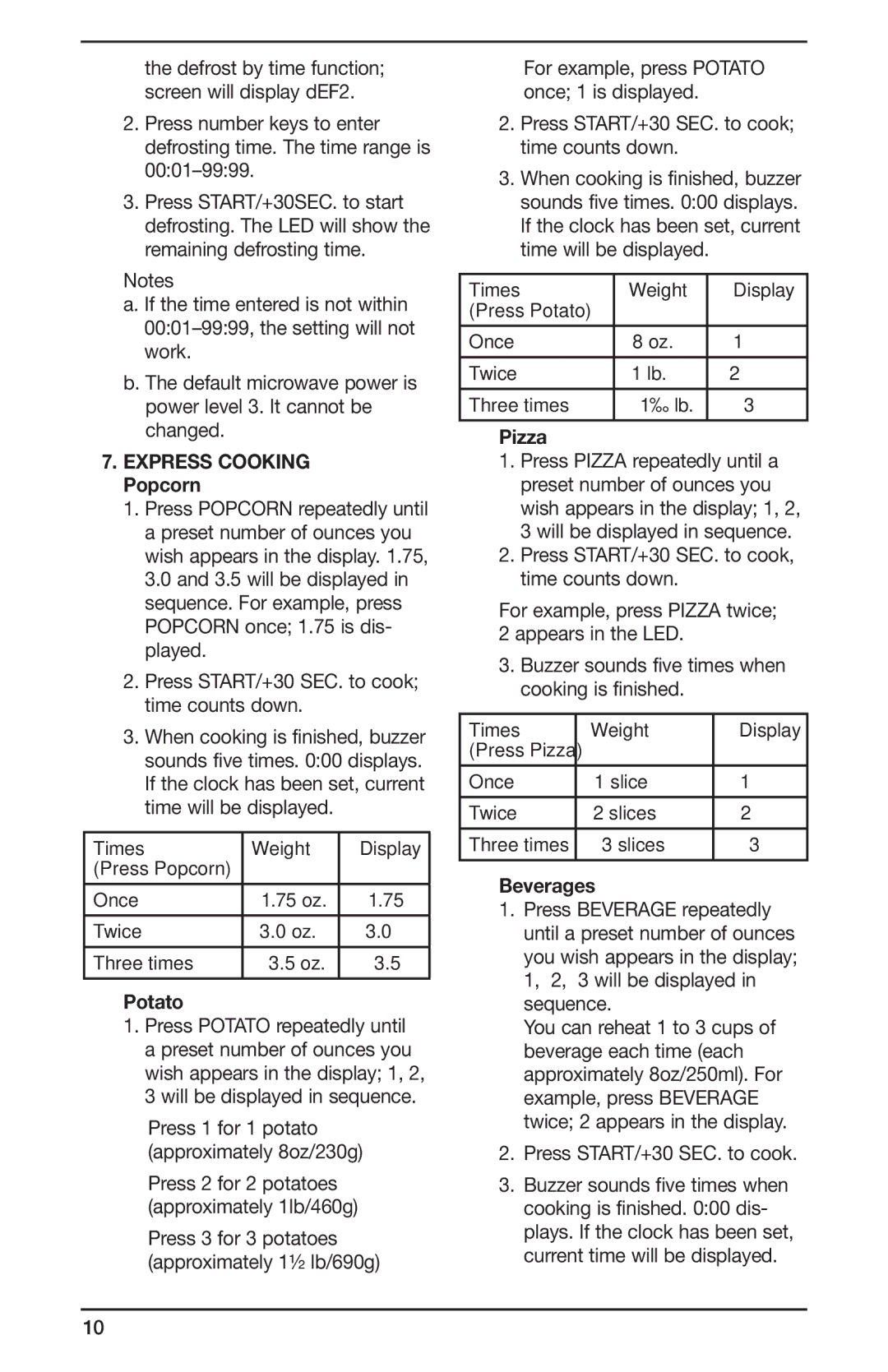 Cuisinart IB-8083, CMW-55 Series manual Express Cooking Popcorn, Potato, Pizza, Beverages, Press START/+30 SEC. to cook 