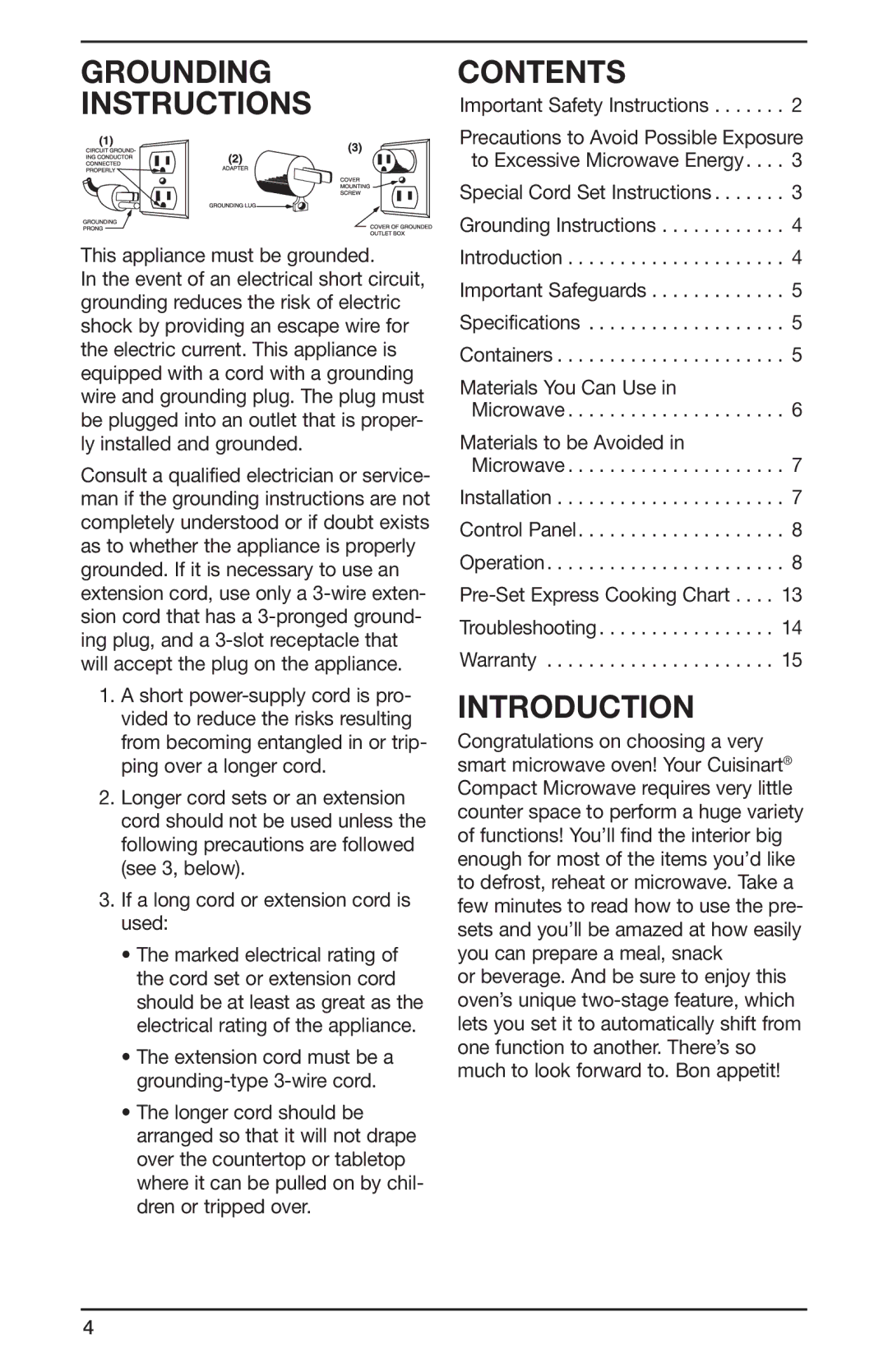 Cuisinart IB-8083, CMW-55 Series manual Grounding Instructions, Contents, Introduction 