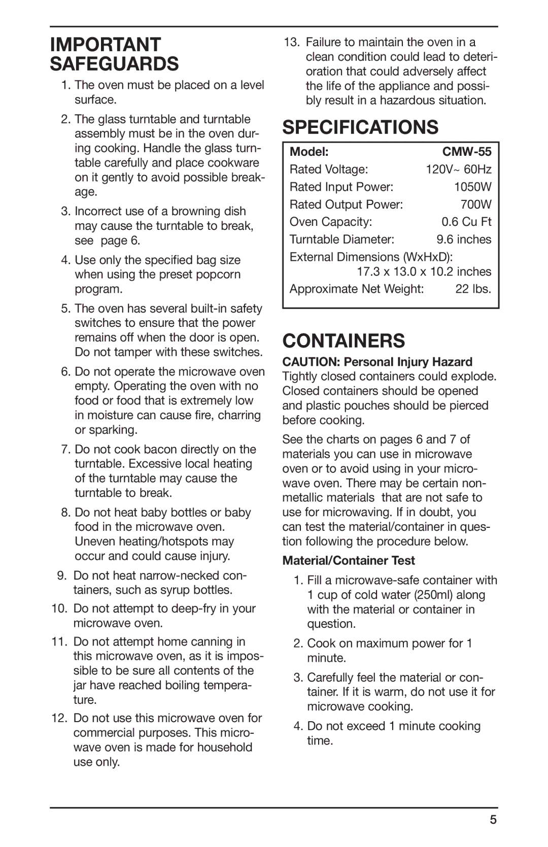 Cuisinart CMW-55 Series, IB-8083 manual Safeguards, Specifications, Containers, Model CMW-55, Material/Container Test 