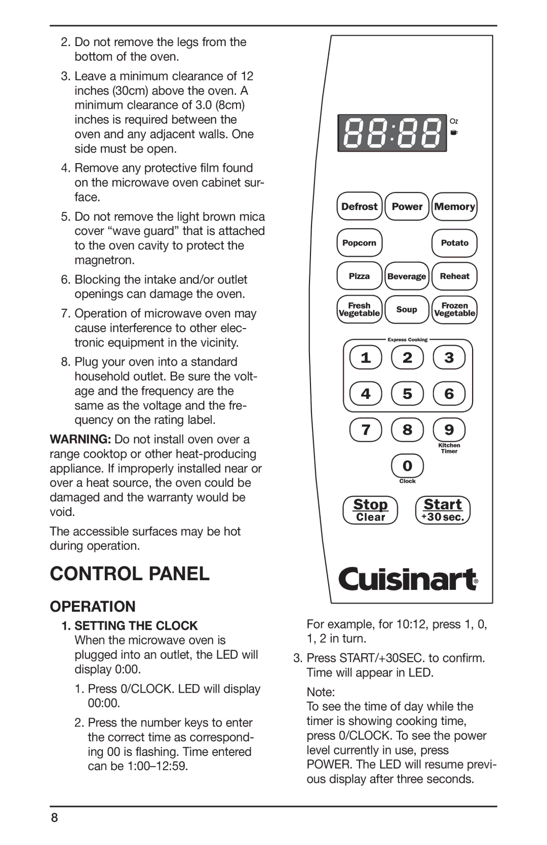 Cuisinart IB-8083 manual Control Panel, Do not remove the legs from the bottom of the oven, Press 0/CLOCK. LED will display 