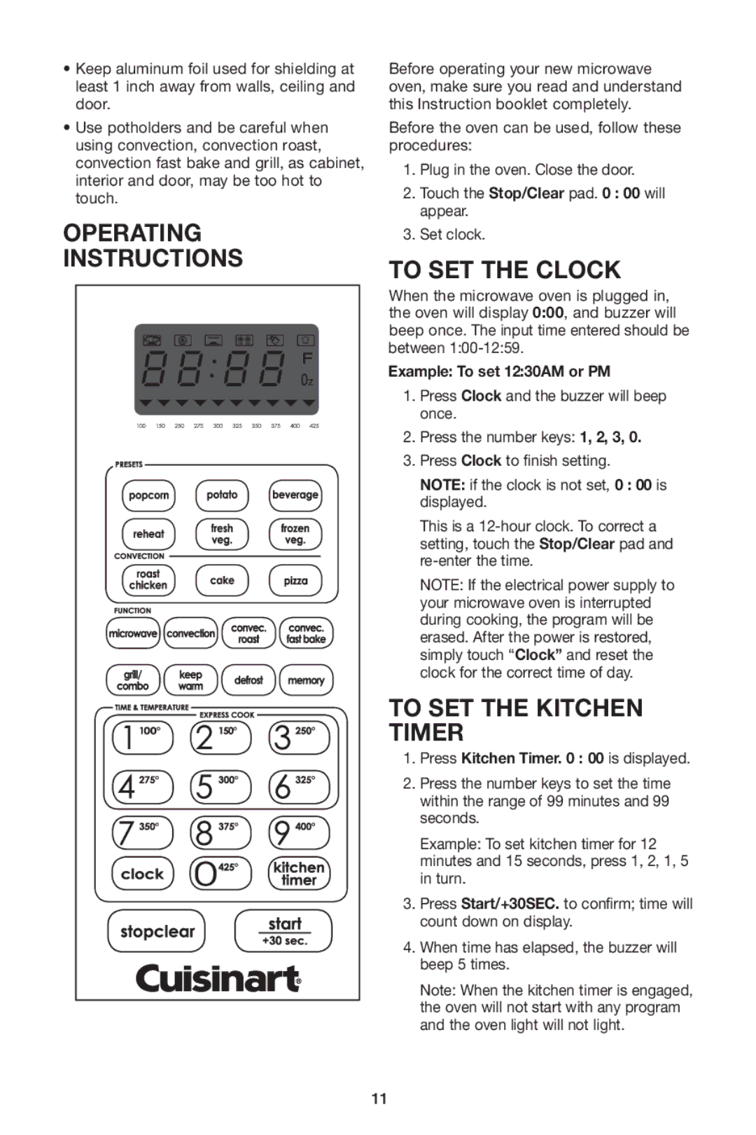 Cuisinart IB-8084 manual Operating Instructions, To SET the Clock, To SET the Kitchen Timer 