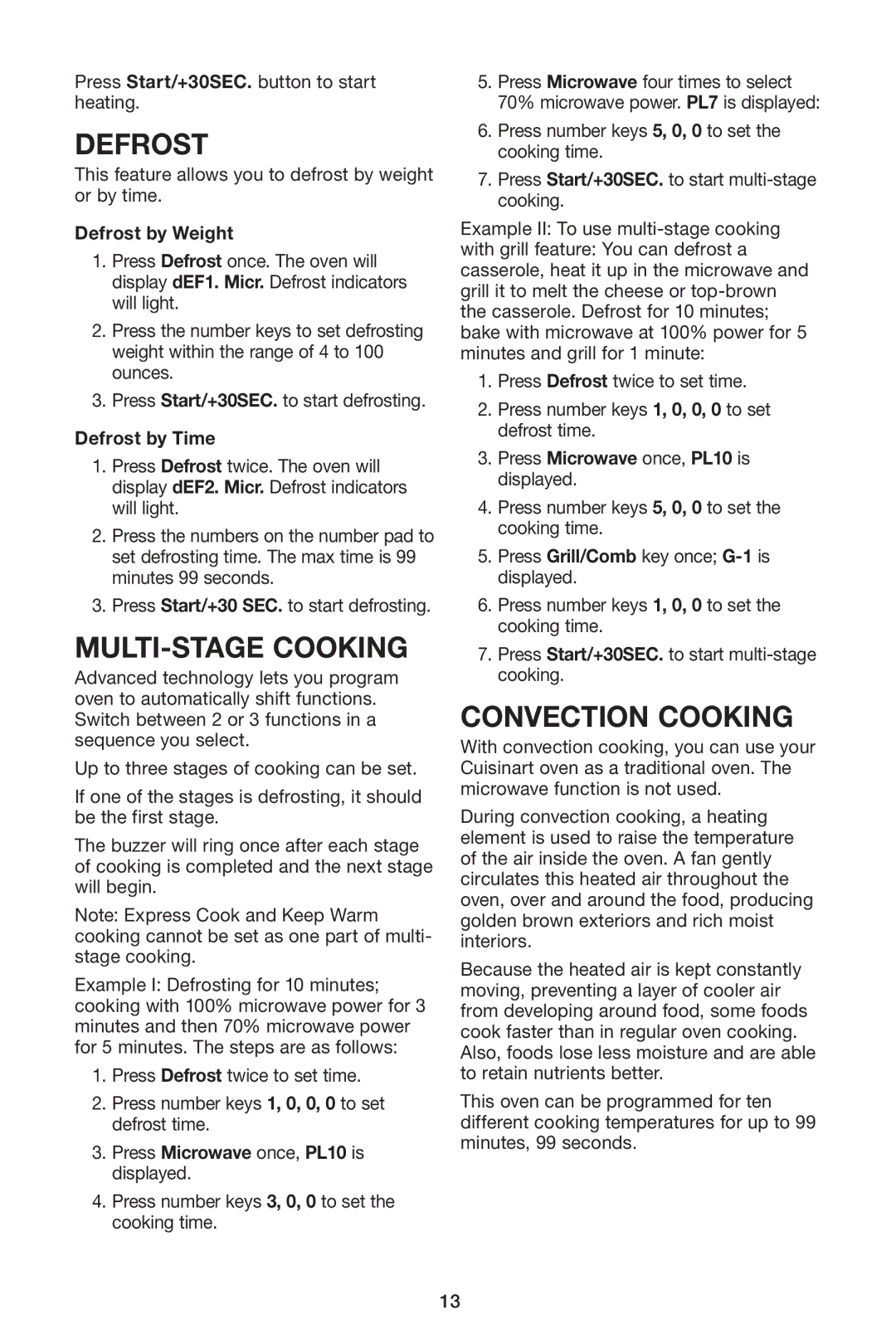 Cuisinart IB-8084 manual Multi-stage Cooking, Convection Cooking, Defrost by Weight, Defrost by Time 