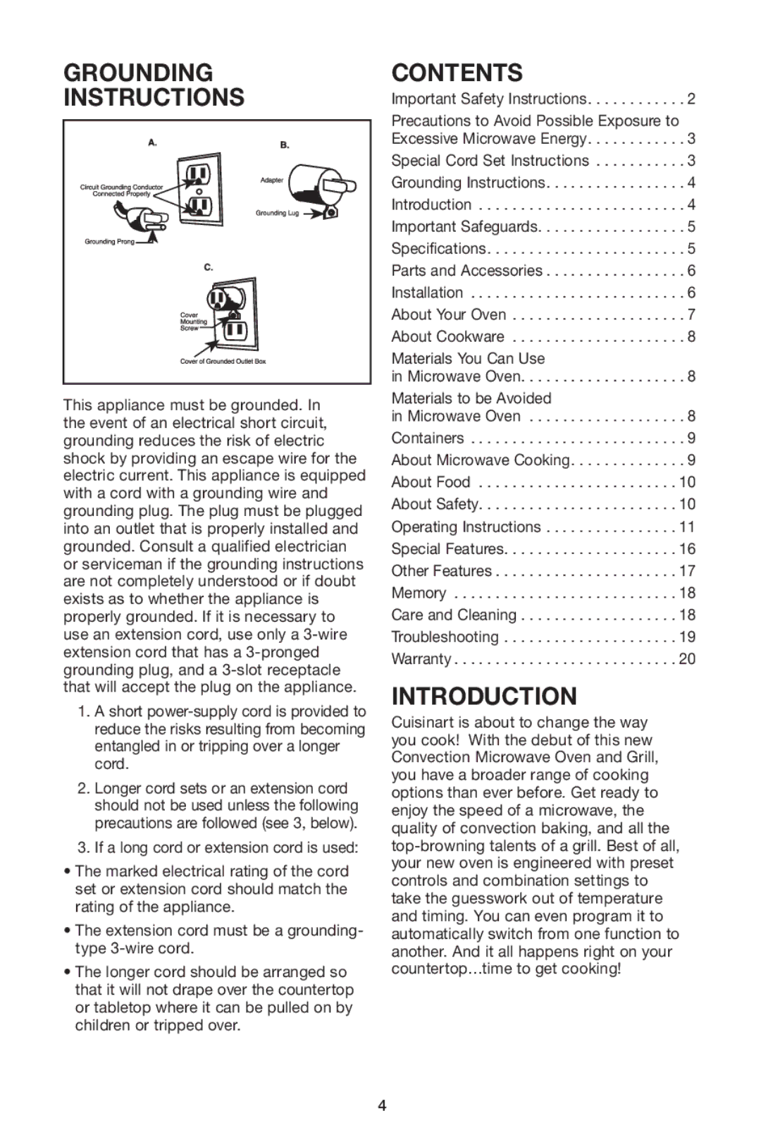 Cuisinart IB-8084 manual Grounding Instructions, Contents 