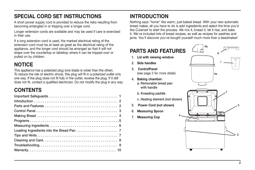 Cuisinart IB-8301, 08CU178, CBK-100 manual Special Cord Set Instructions, Contents, Introduction, Parts and Features 