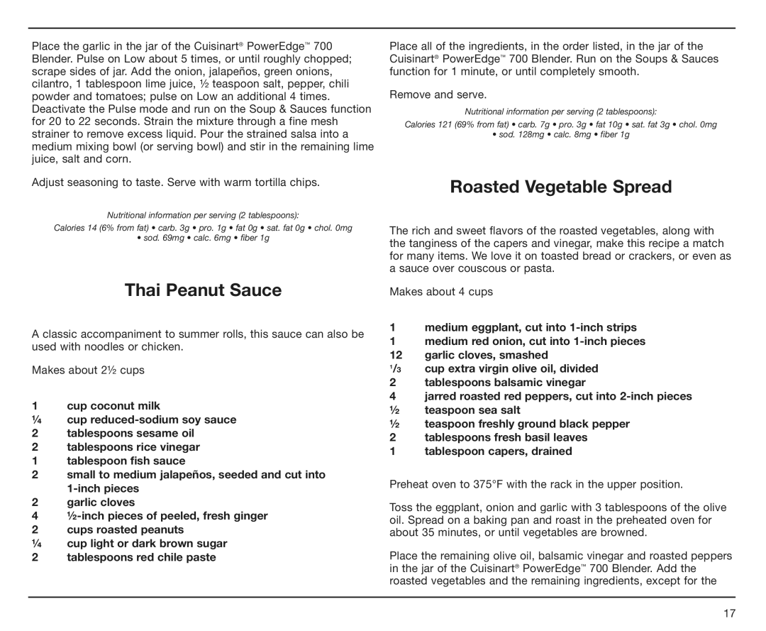 Cuisinart CBT700, IB-8533A, CBT-700 Series, 09CE13231 manual Thai Peanut Sauce, Roasted Vegetable Spread 