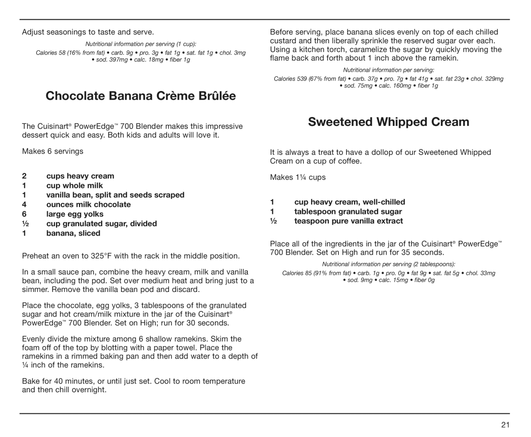 Cuisinart CBT-700 Series, IB-8533A, CBT700, 09CE13231 manual Chocolate Banana Crème Brûlée, Sweetened Whipped Cream 