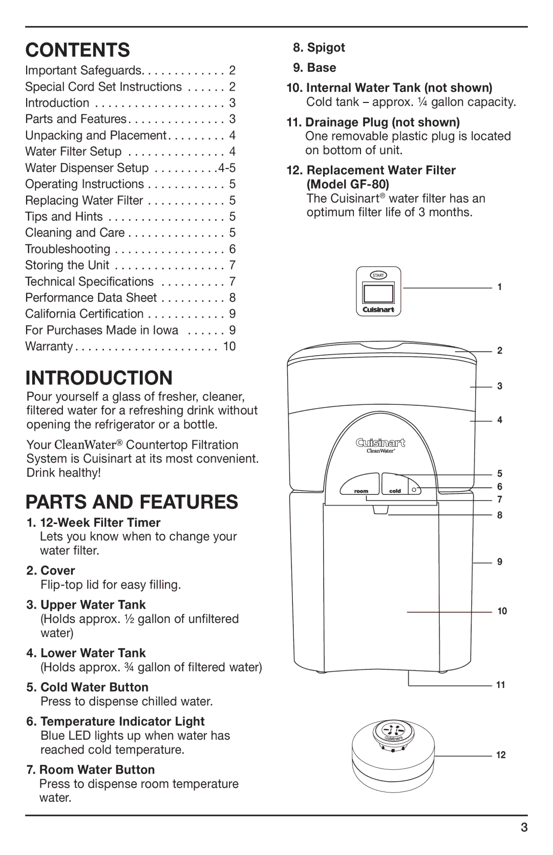 Cuisinart WCH-1000, IB-8895A manual Contents, Introduction, Parts and Features 