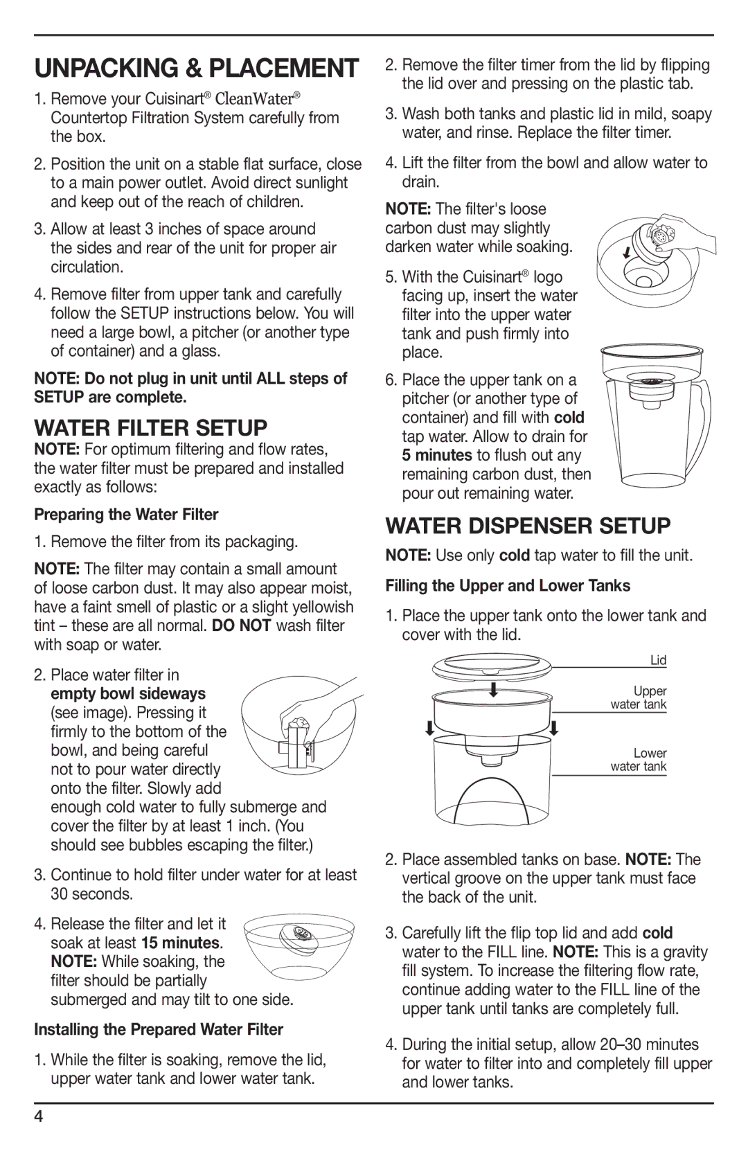 Cuisinart IB-8895A Setup are complete, Preparing the Water Filter, Filling the Upper and Lower Tanks, Empty bowl sideways 