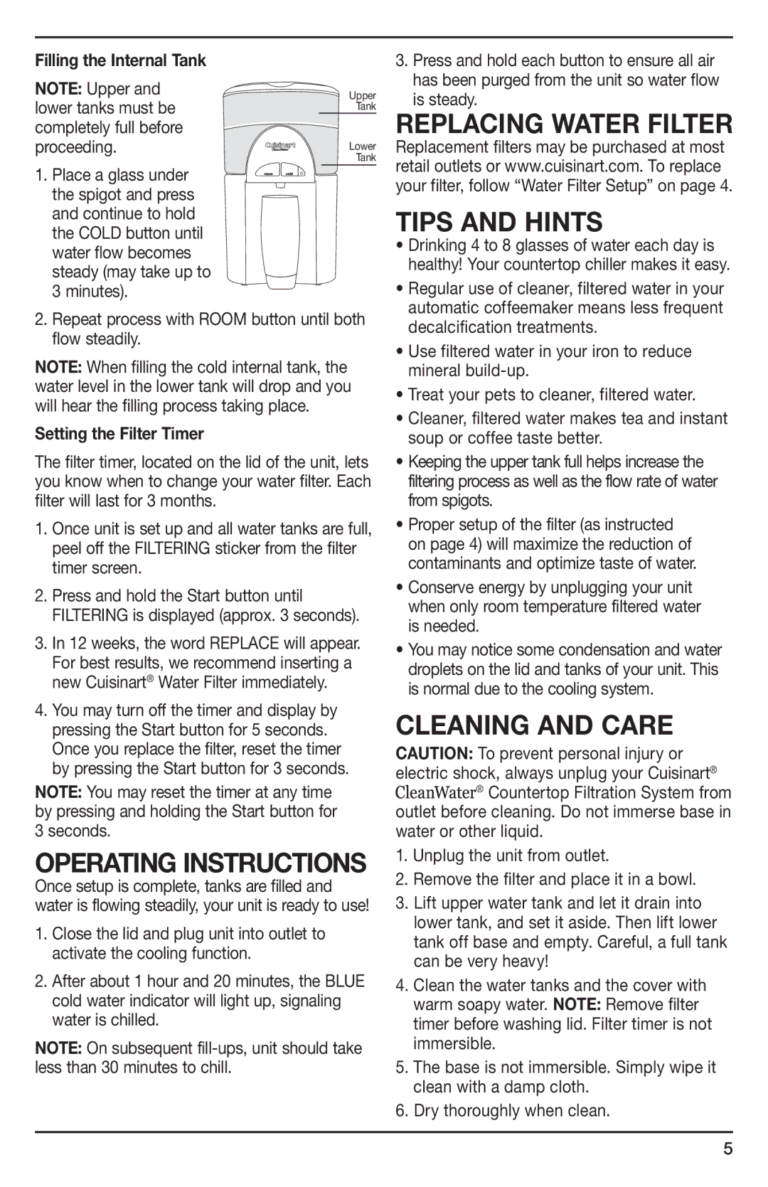 Cuisinart WCH-1000, IB-8895A manual Replacing Water Filter, Tips and Hints, Cleaning and care, Filling the Internal Tank 