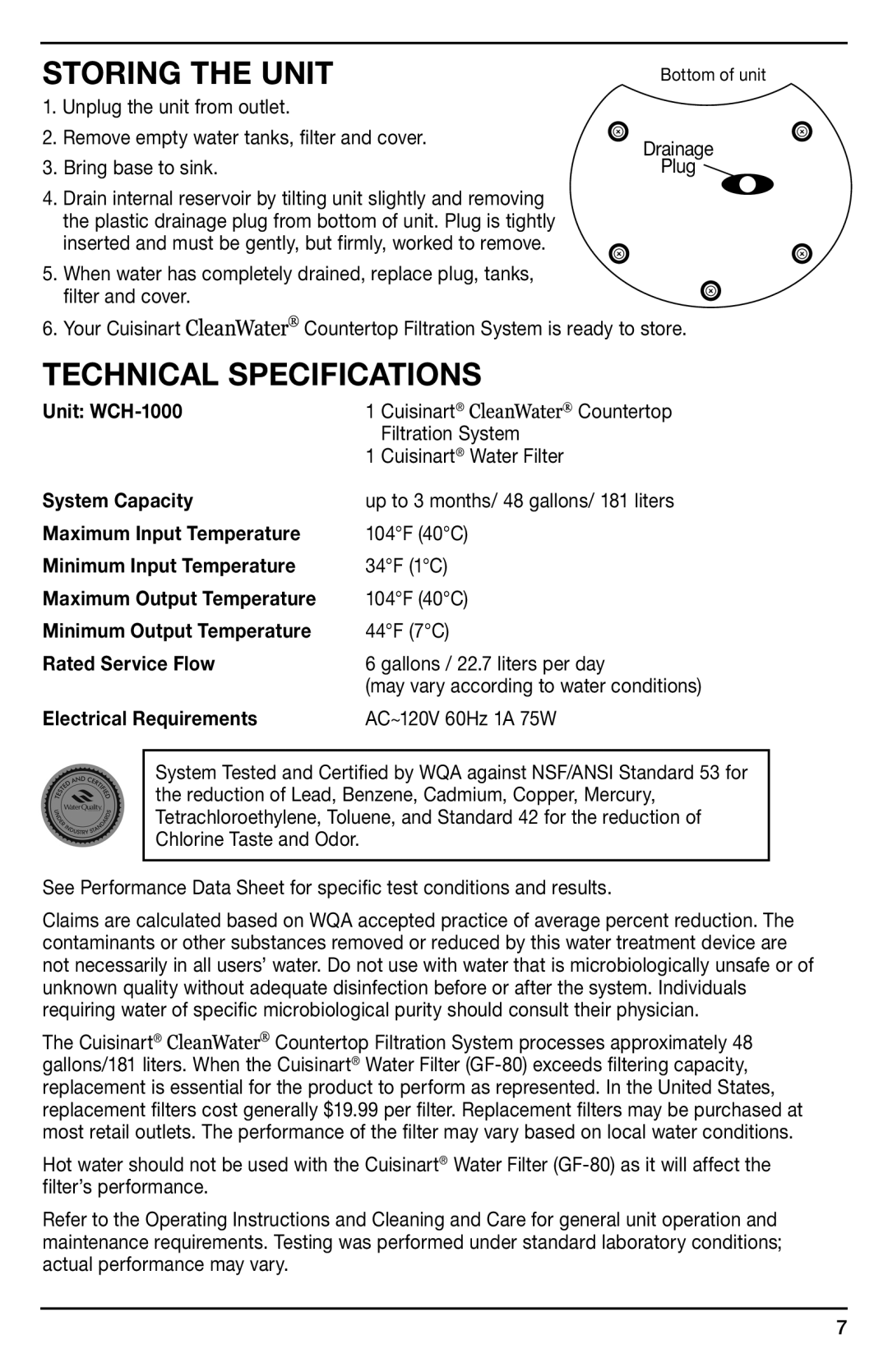 Cuisinart WCH-1000, IB-8895A manual Storing the unit, Technical specifications 