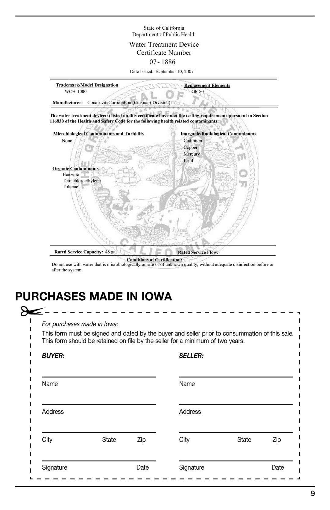 Cuisinart WCH-1000, IB-8895A manual Purchases Made in Iowa, For purchases made in Iowa 