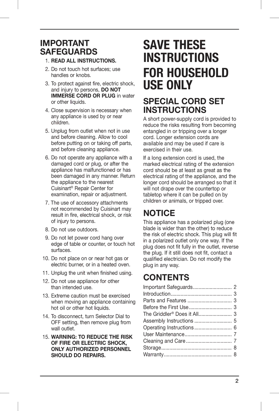 Cuisinart GR-4N, IB-8999A manual Save These Instructions for Household USE only, Contents 