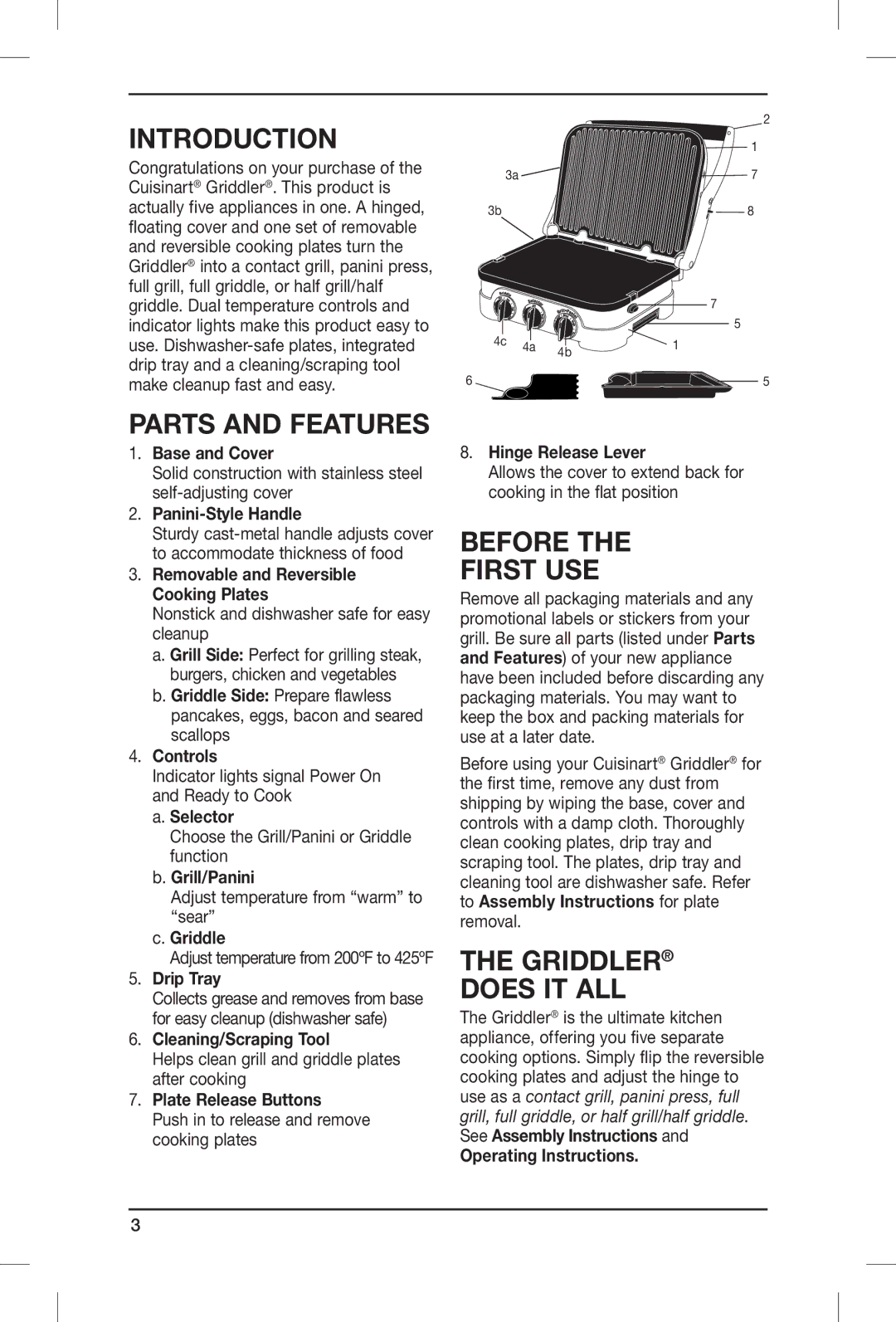 Cuisinart IB-8999A, GR-4N manual Introduction, Parts and Features, Before the first use, Griddler does it all 