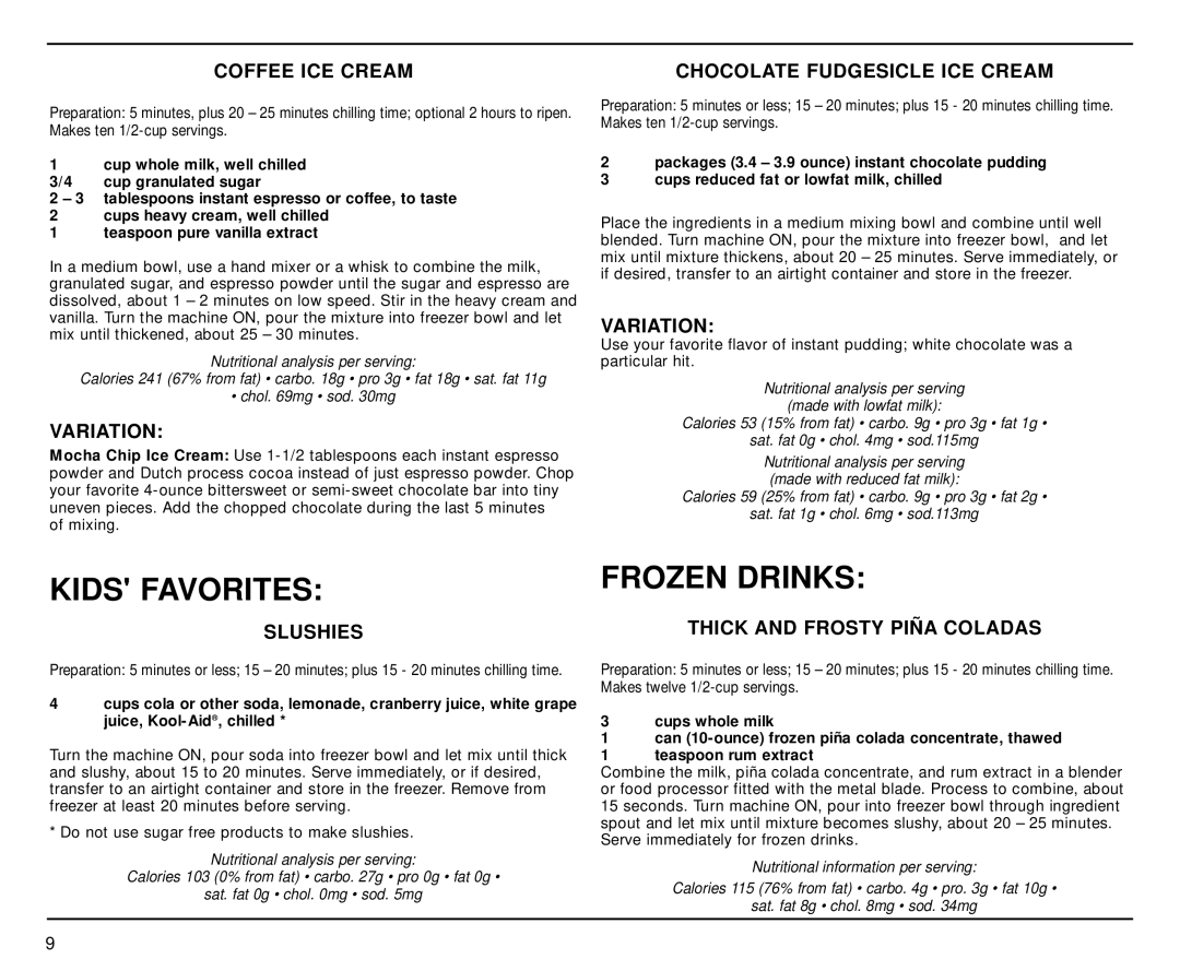 Cuisinart ICE-20 Series manual Kids Favorites Frozen Drinks, Coffee ICE Cream, Chocolate Fudgesicle ICE Cream 