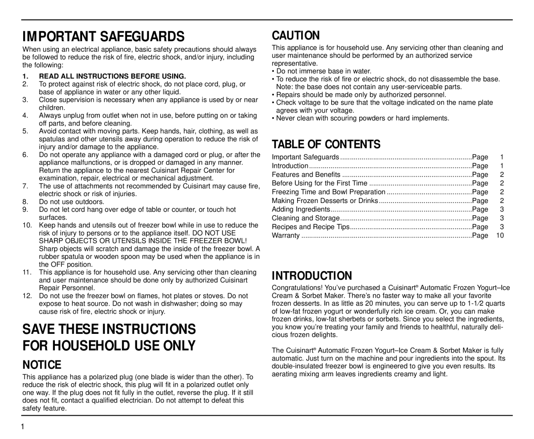 Cuisinart ICE-20 Series manual Table of Contents, Introduction 