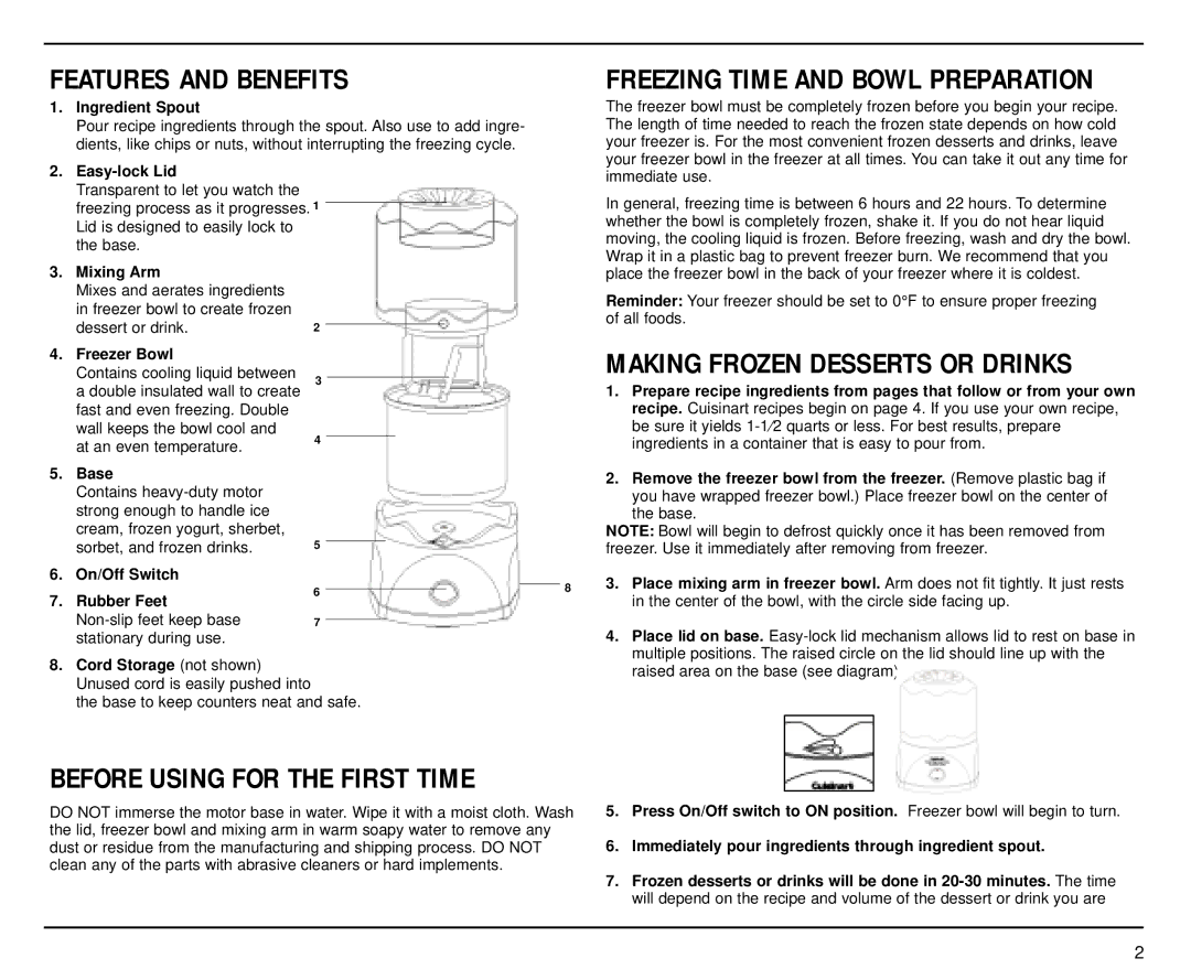 Cuisinart ICE-20 Series manual Features and Benefits, Before Using for the First Time 