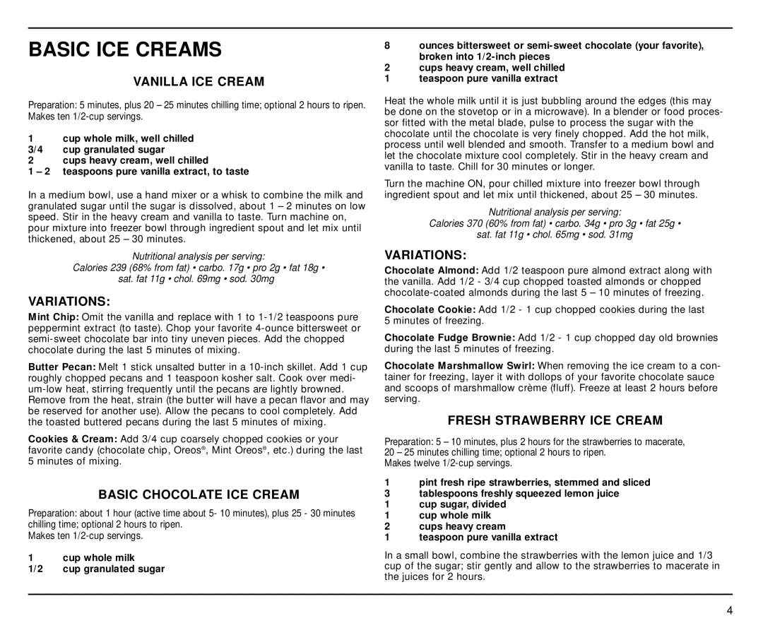 Cuisinart ICE-20 Series manual Basic ICE Creams, Vanilla ICE Cream, Variations, Basic Chocolate ICE Cream 