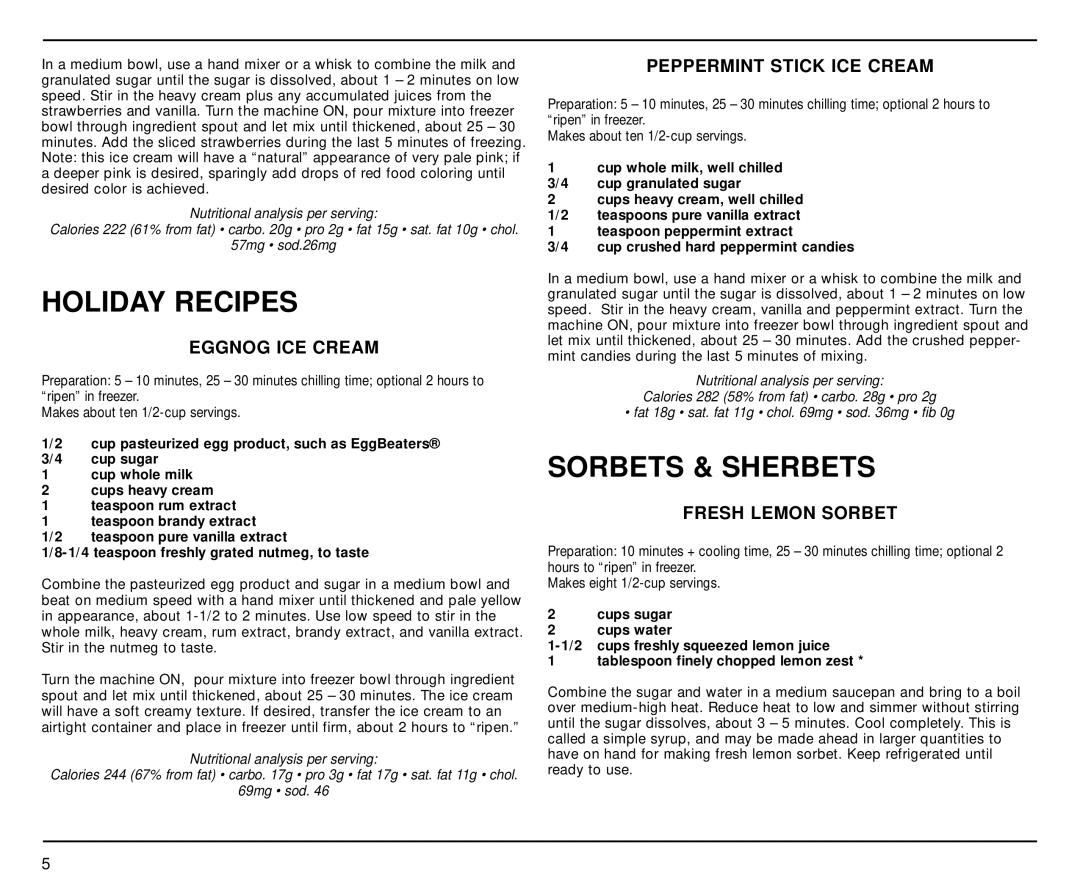 Cuisinart ICE-20 Series manual Holiday Recipes, Sorbets & Sherbets, Eggnog ICE Cream, Peppermint Stick ICE Cream 