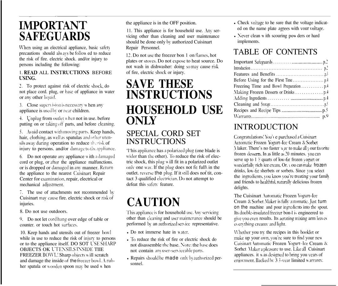 Cuisinart ICE-20 manual Special Cord SET Instructions, Table of Contents, Introduction 