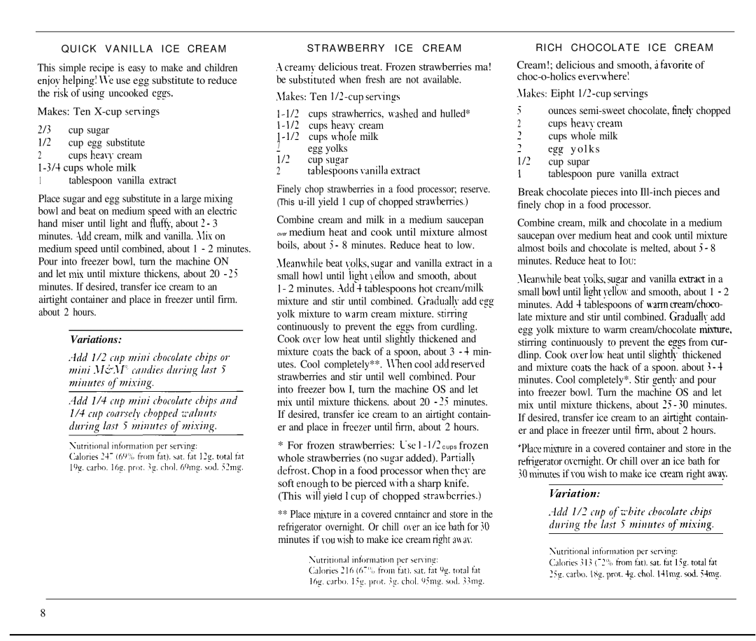 Cuisinart ICE-20 manual Quick Vanilla ICE Cream, Strawberry ICE Cream, Rich Chocolate ICE Cream 