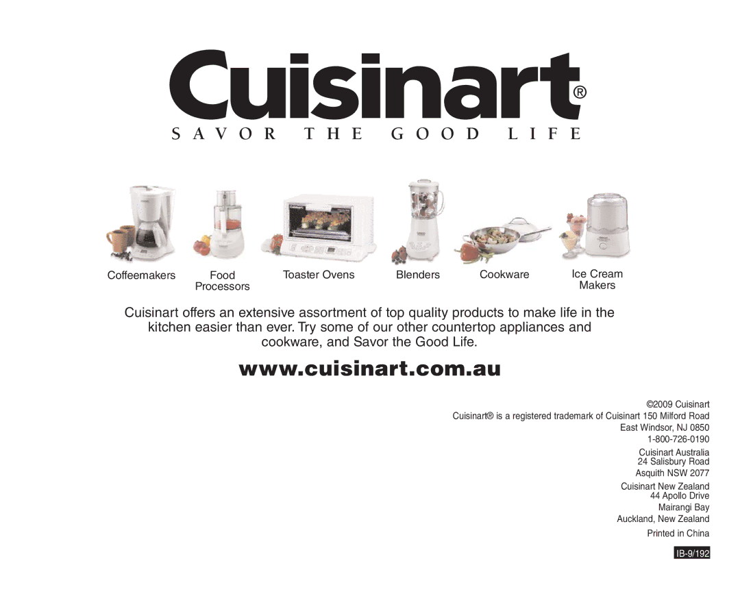 Cuisinart ICE-20A manual V O R T H E G O O D L I F E 