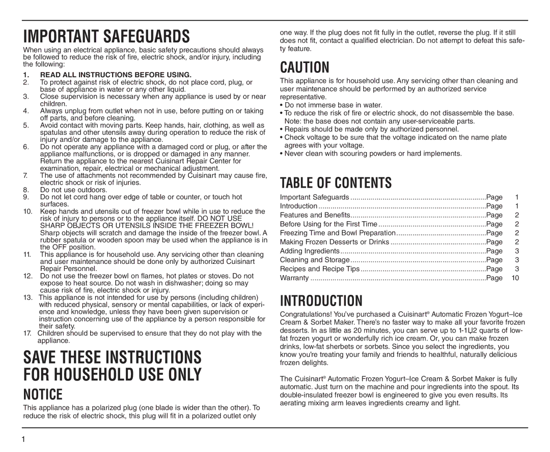 Cuisinart ICE-20A manual Table of Contents, Introduction 