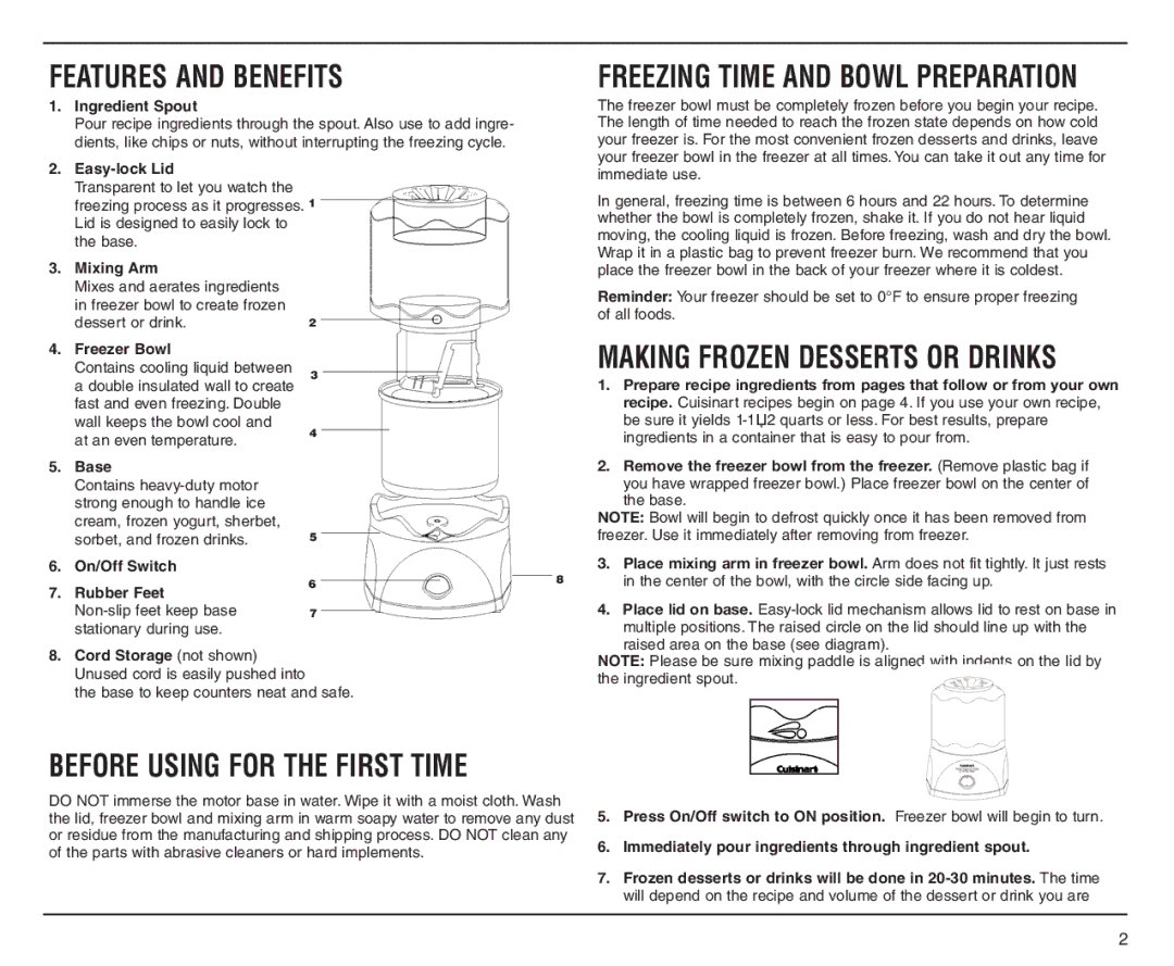 Cuisinart ICE-20A manual Features and Benefits, Before Using for the First Time 