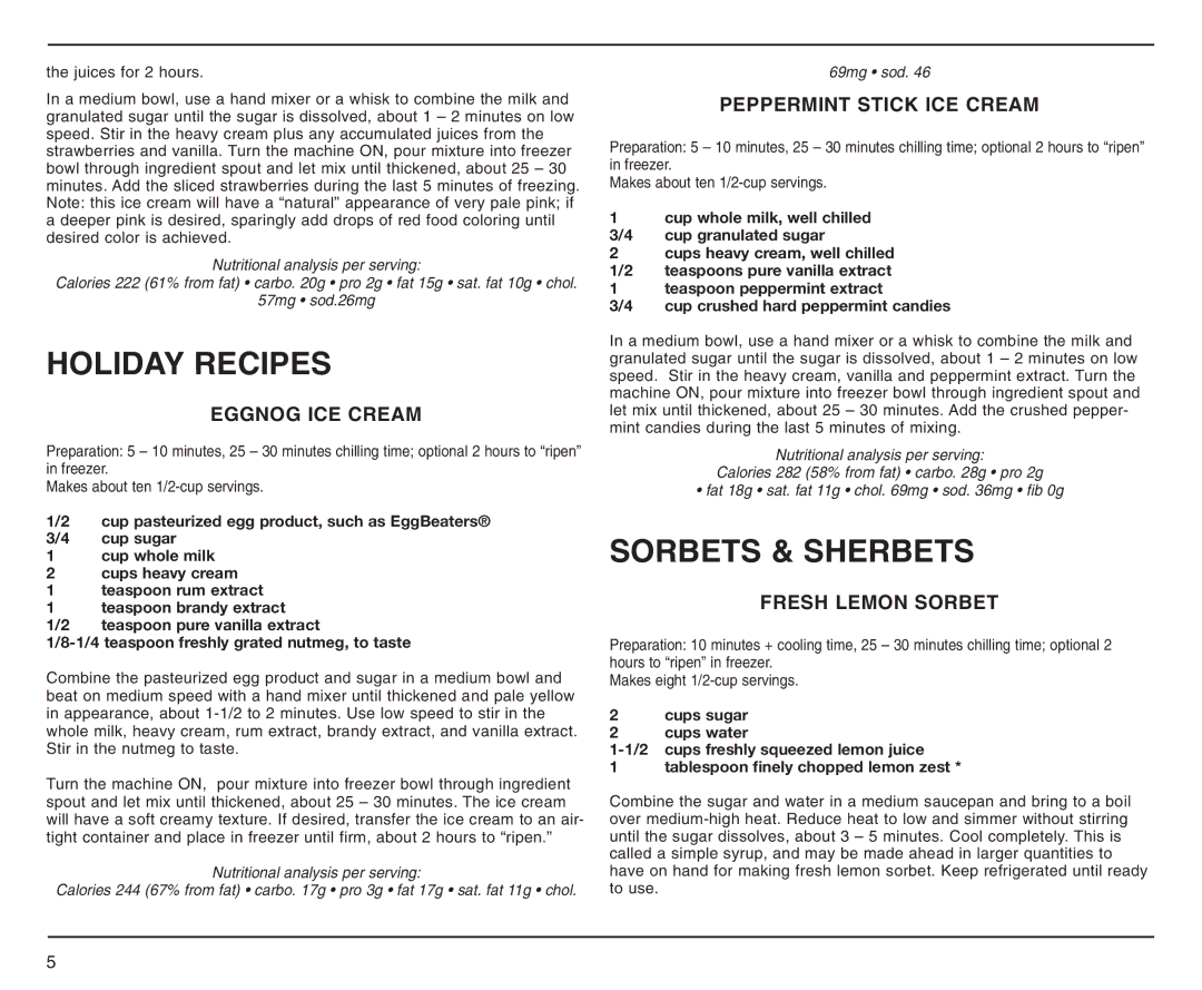 Cuisinart ICE-20A Holiday Recipes, Sorbets & Sherbets, Eggnog ICE Cream, Peppermint Stick ICE Cream, Fresh Lemon Sorbet 