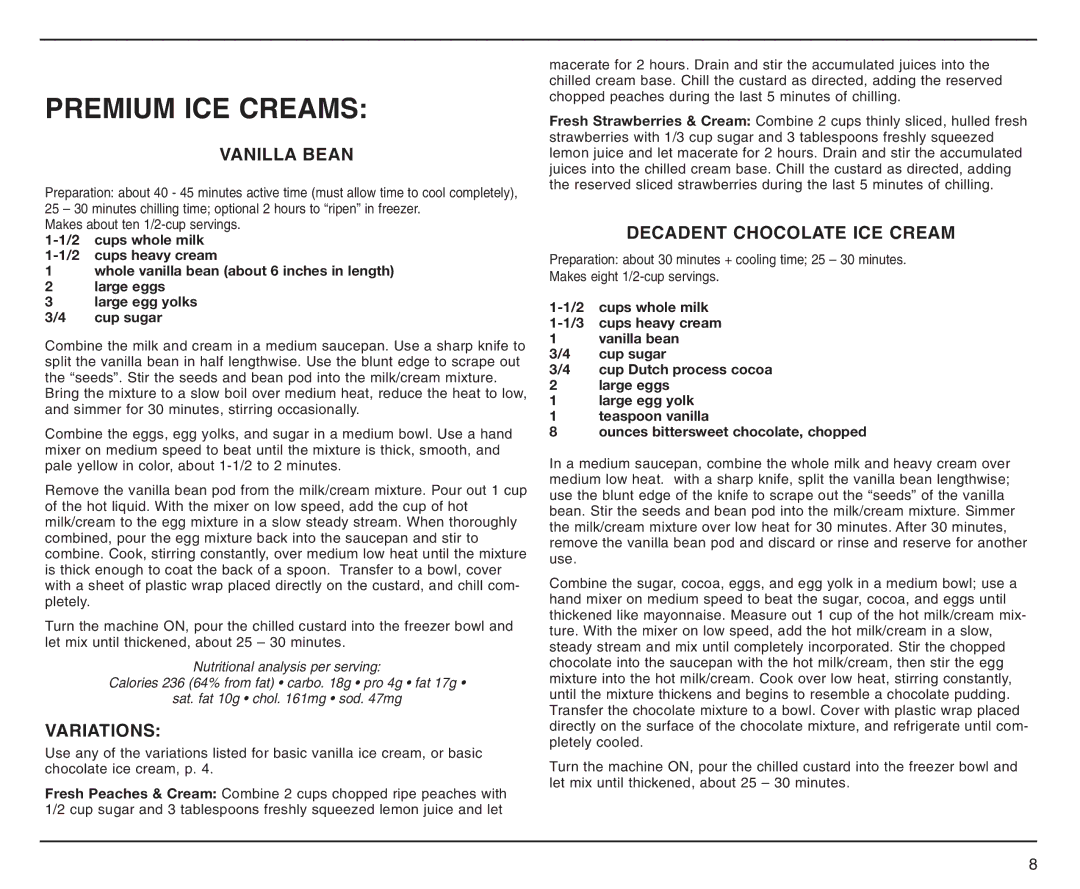 Cuisinart ICE-20A manual Premium ICE Creams, Vanilla Bean, Decadent Chocolate ICE Cream 