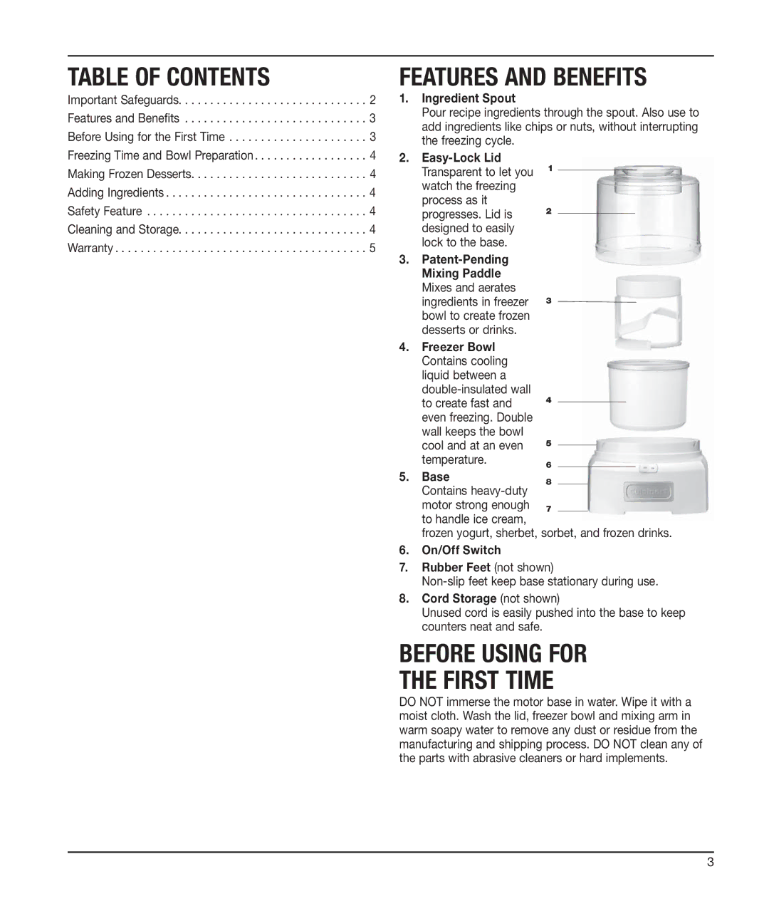 Cuisinart ICE-21R manual Table of Contents, Features and Benefits, Before Using for First Time 