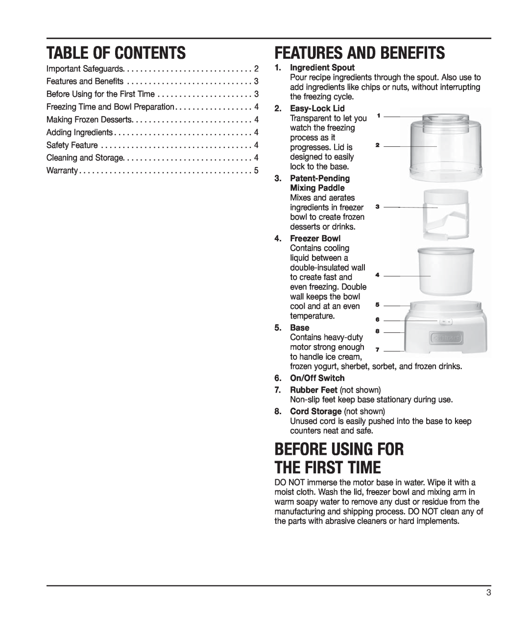 Cuisinart ICE-21 Table Of Contents, Features And Benefits, Before Using For The First Time, Ingredient Spout, Freezer Bowl 