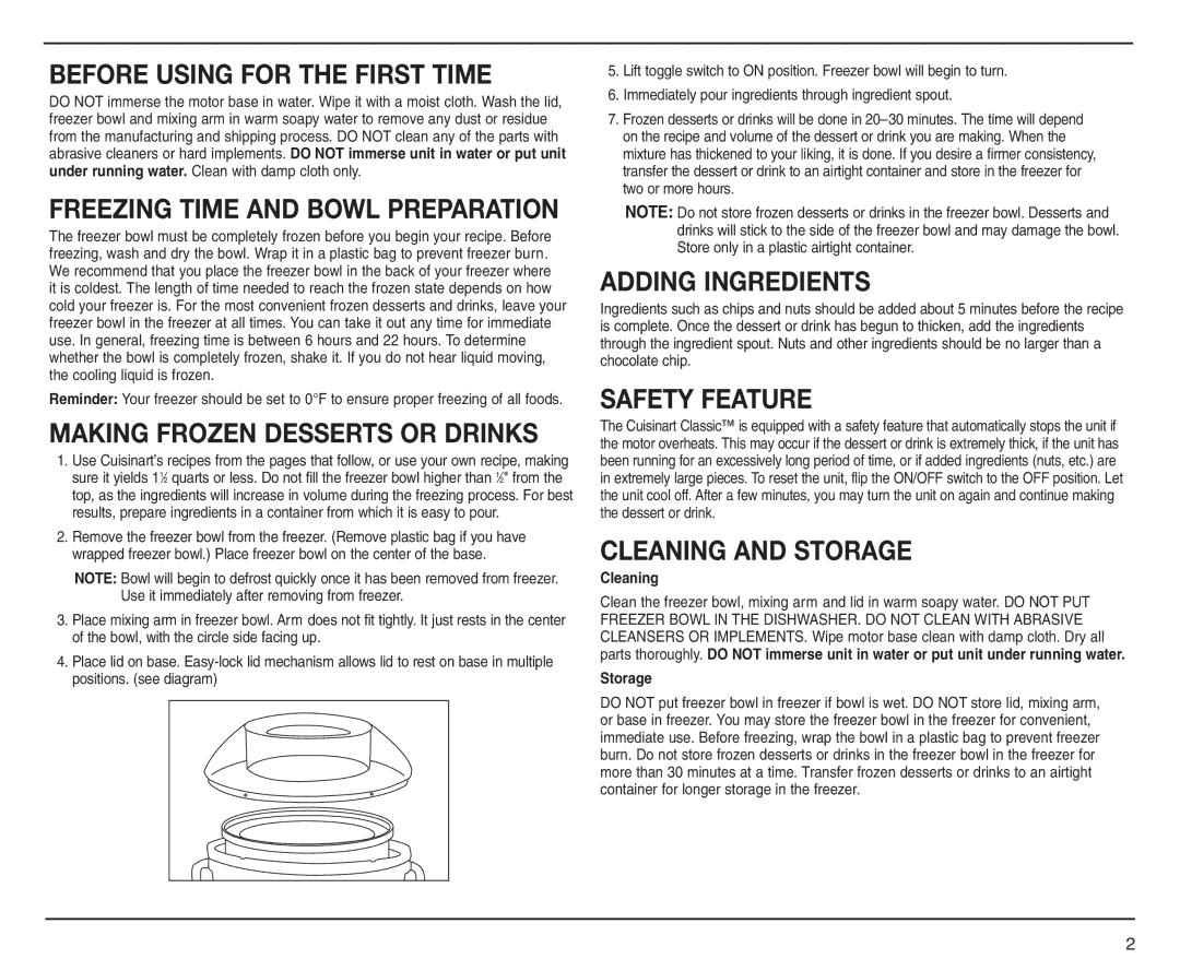 Cuisinart ICE-25 Before Using for the First Time, Making Frozen Desserts or Drinks, Adding Ingredients, Safety Feature 