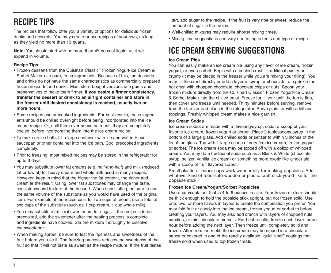 Cuisinart ICE-25BC manual Recipe Tips, ICE Cream Serving Suggestions 