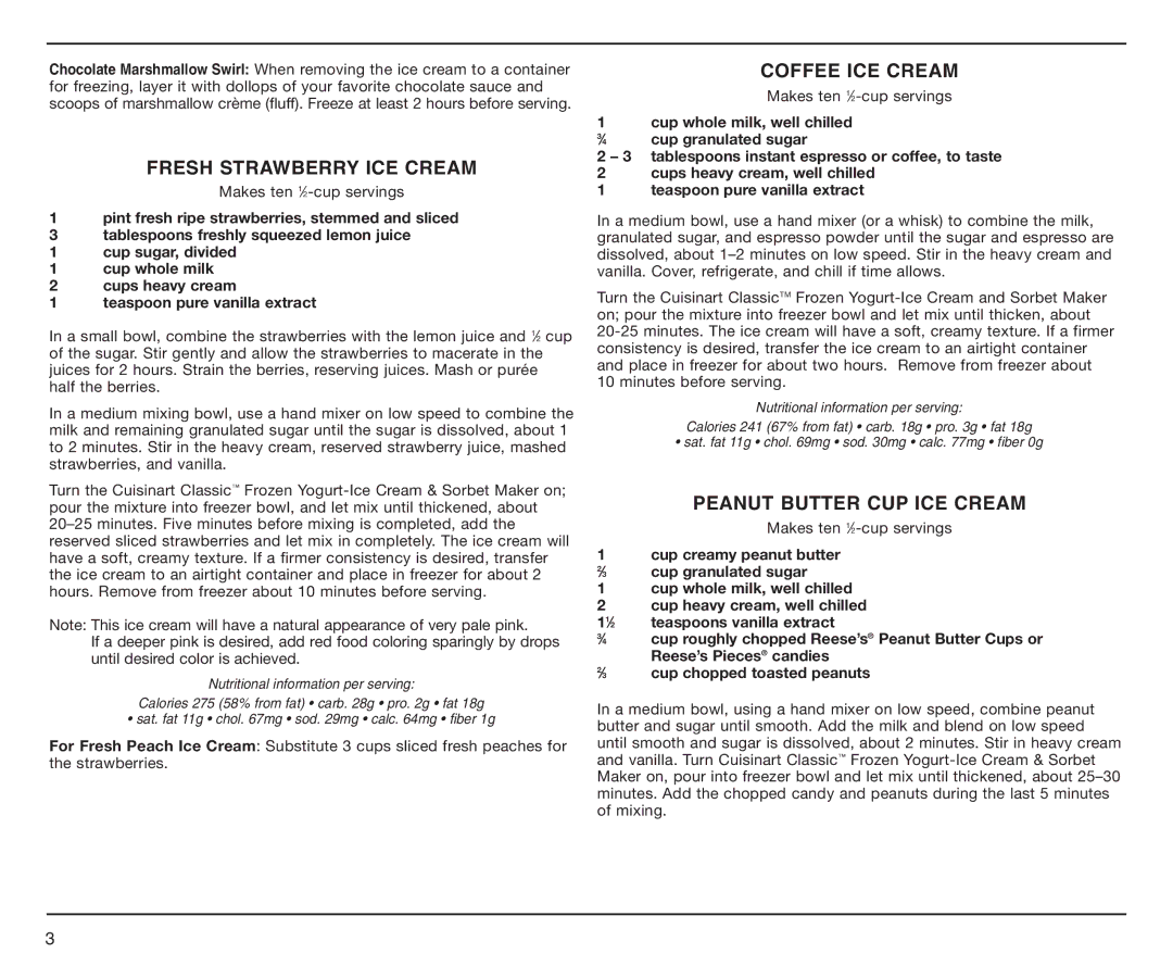 Cuisinart ICE-25BC manual Fresh Strawberry ICE Cream, Coffee ICE Cream, Peanut Butter CUP ICE Cream 