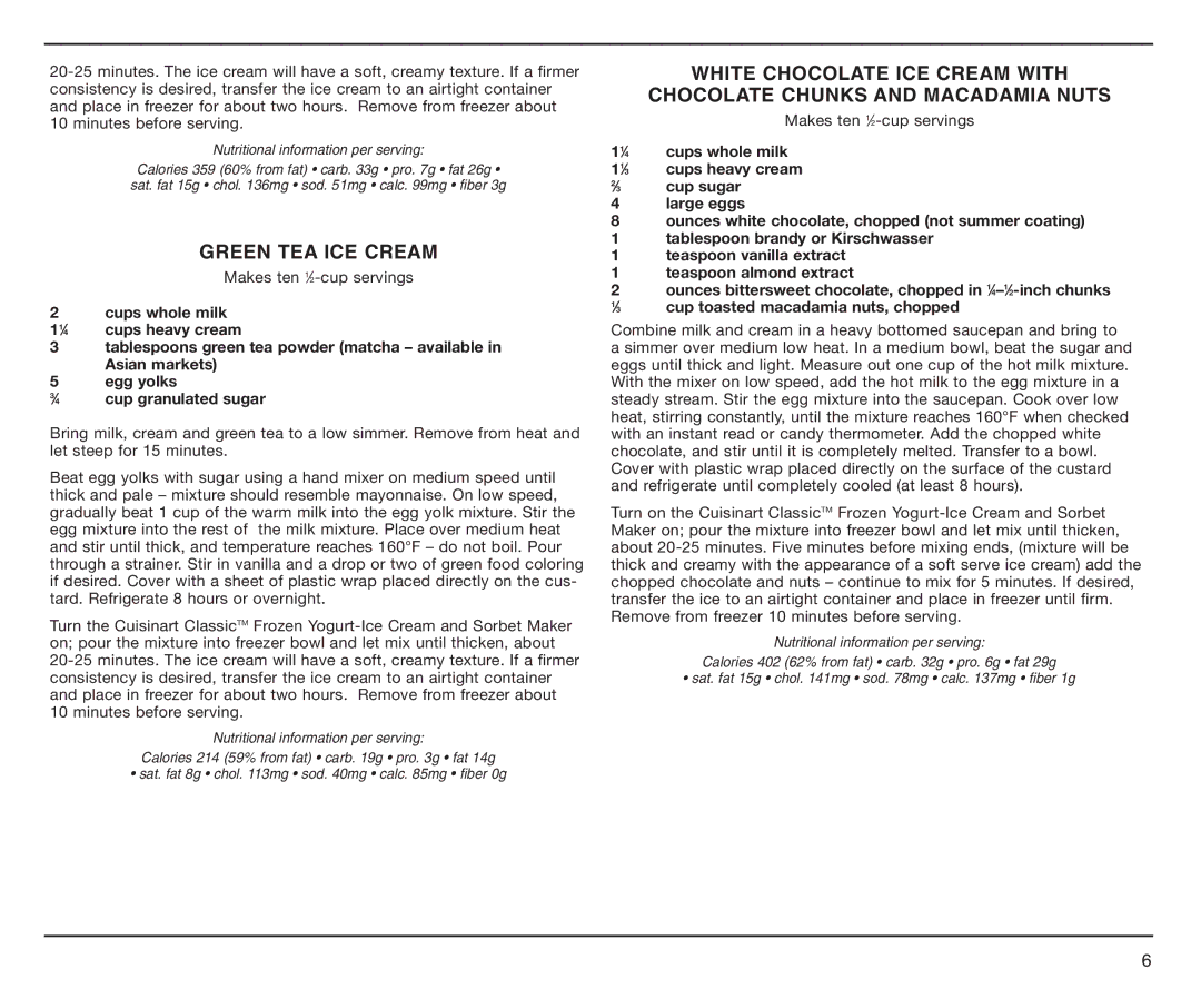 Cuisinart ICE-25BC manual Green TEA ICE Cream, Nutritional information per serving 