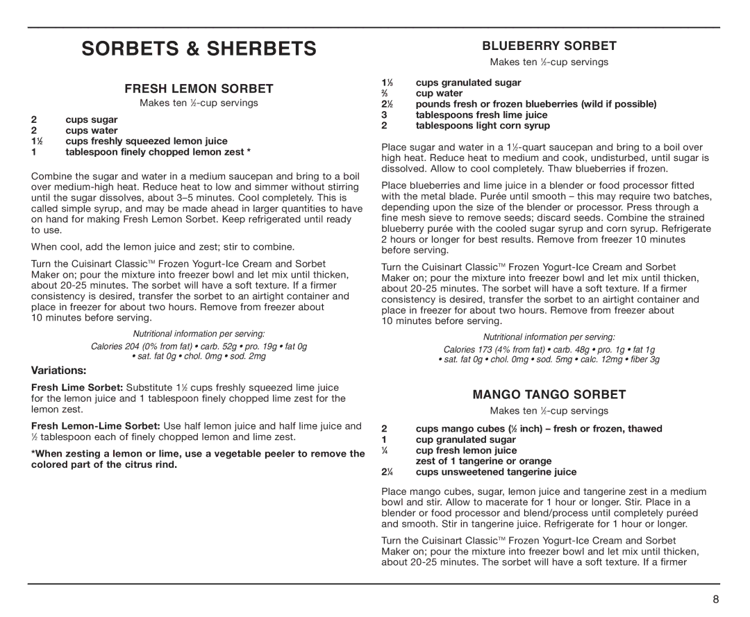 Cuisinart ICE-25BC manual Sorbets & Sherbets, Fresh Lemon Sorbet, Blueberry Sorbet, Mango Tango Sorbet 