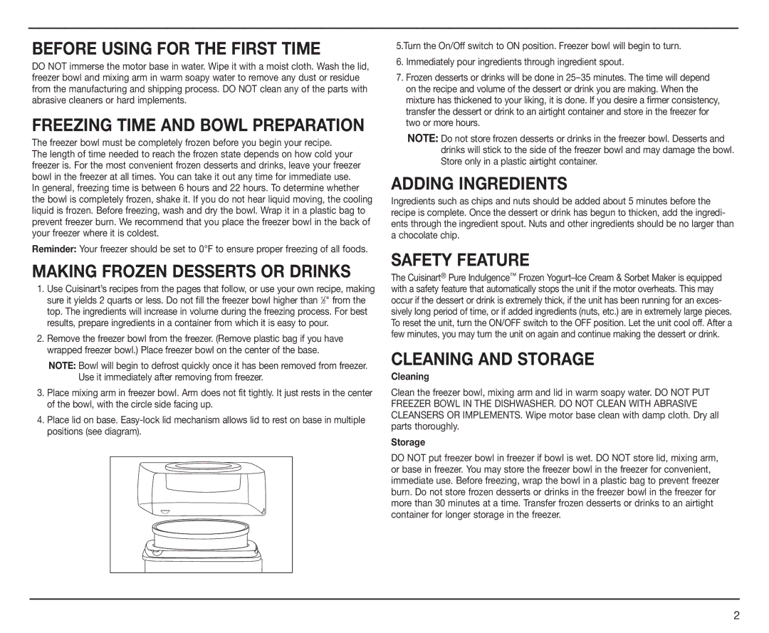 Cuisinart ICE-30BC Before Using for the First Time, Making Frozen Desserts or Drinks, Adding Ingredients, Safety Feature 