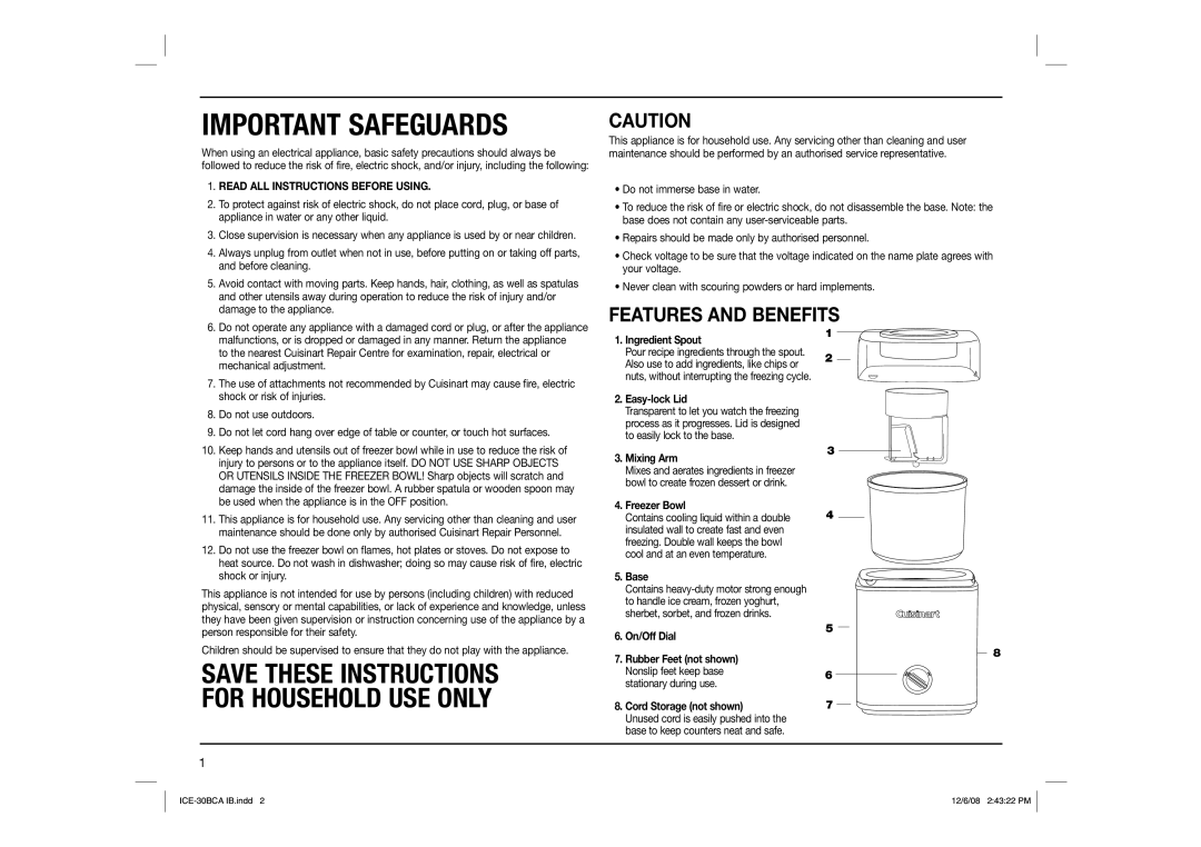 Cuisinart ICE-30BCA manual Important Safeguards, Features and Benefits 