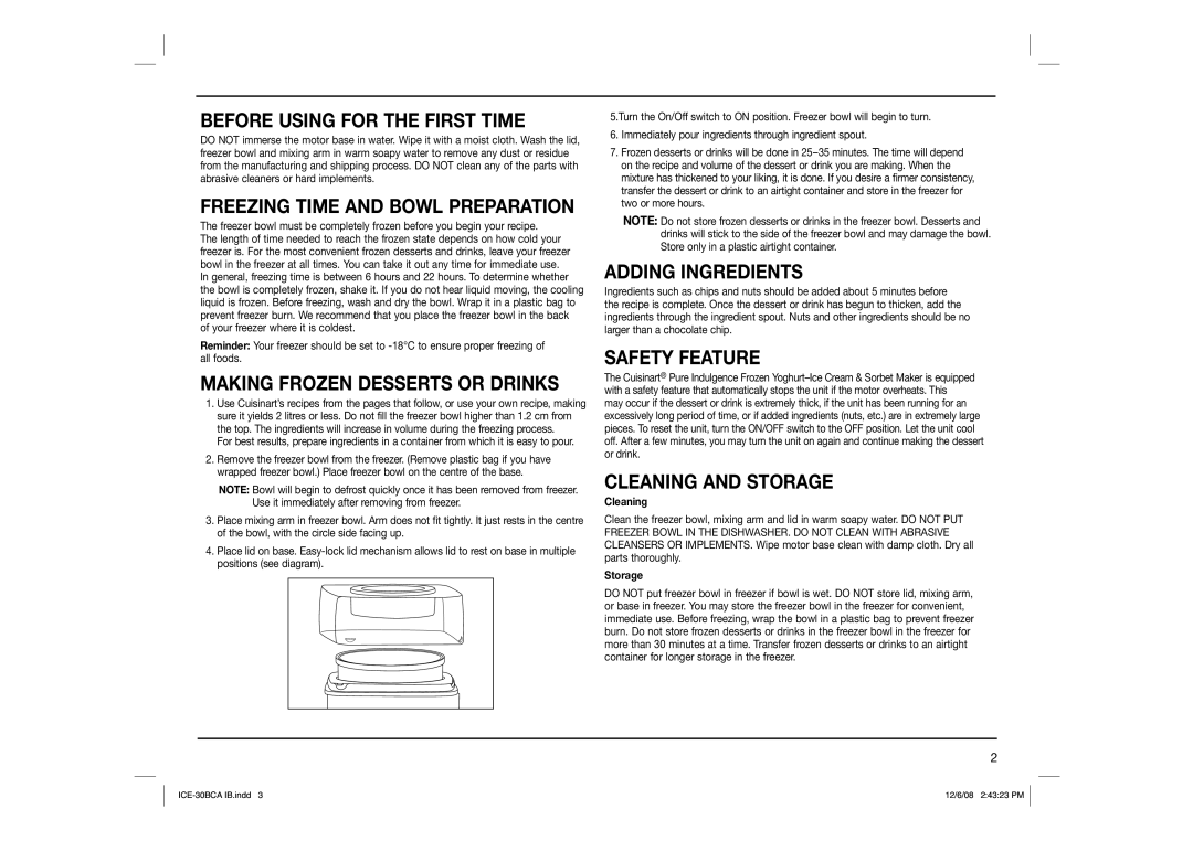 Cuisinart ICE-30BCA Before Using for the First Time, Freezing Time and Bowl Preparation, Making Frozen Desserts or Drinks 