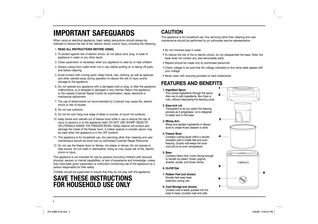 Cuisinart ICE-30BCA manual Important Safeguards, Features And Benefits, Read All Instructions Before Using 