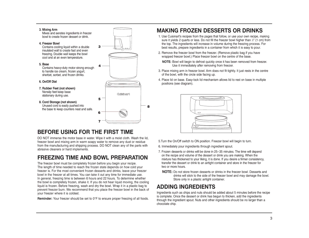 Cuisinart ICE-30BCC Making Frozen Desserts or Drinks, Before Using for the First Time, Freezing Time and Bowl Preparation 