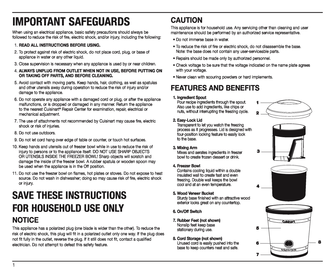 Cuisinart ICE-35 manual Important Safeguards, Features And Benefits, Read All Instructions Before Using, Ingredient Spout 