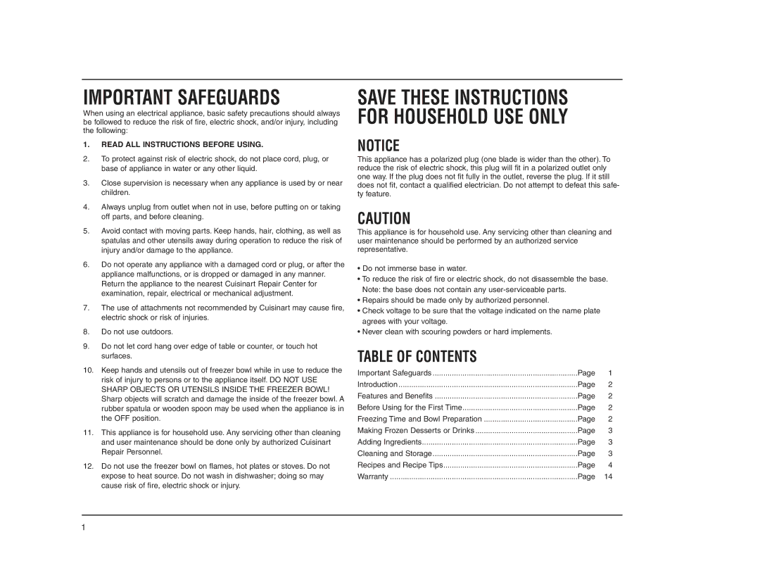 Cuisinart ICE-40 manual Save These Instructions for Household USE only, Table of Contents 