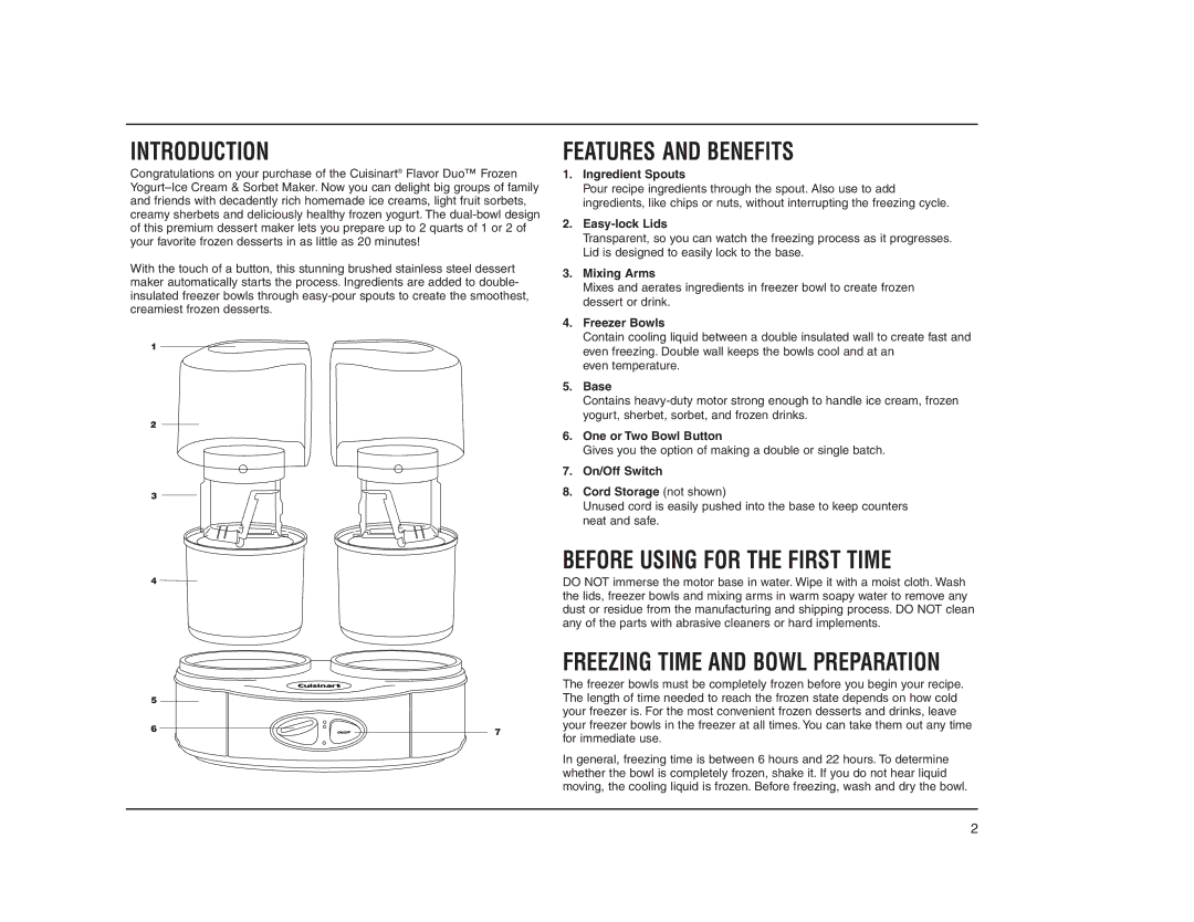 Cuisinart ICE-40 Introduction, Features and Benefits, Before Using for the First Time, Freezing Time and Bowl Preparation 