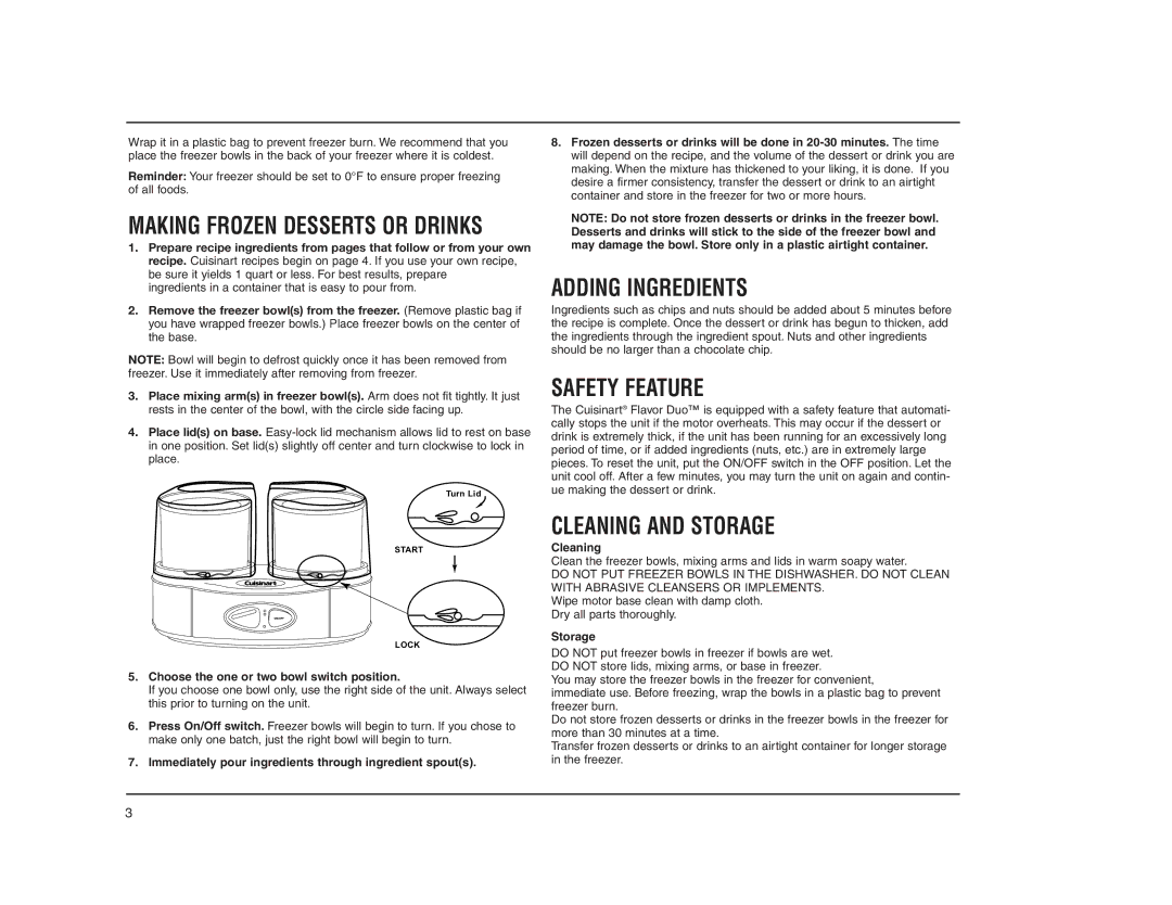 Cuisinart ICE-40 manual Making Frozen Desserts or Drinks, Adding Ingredients, Safety Feature, Cleaning and Storage 