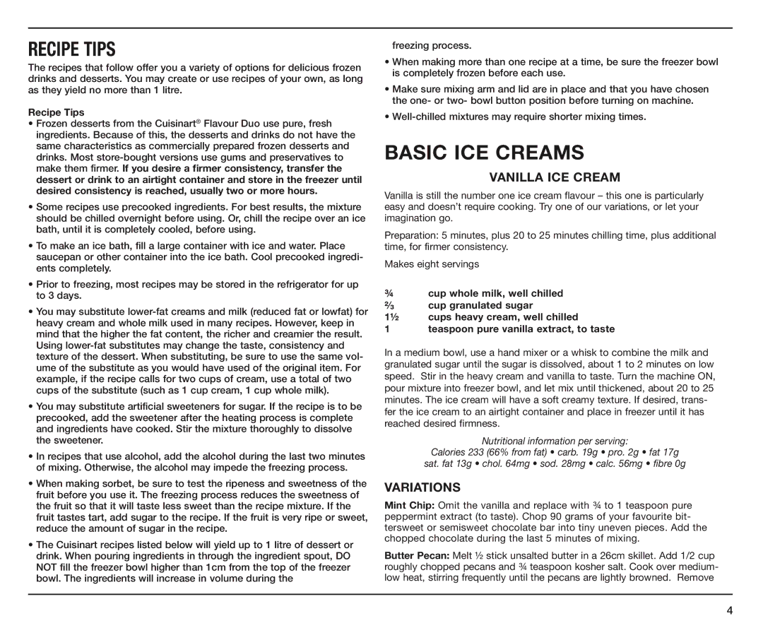 Cuisinart ICE-40A manual Recipe Tips, Vanilla Ice Cream, Variations 